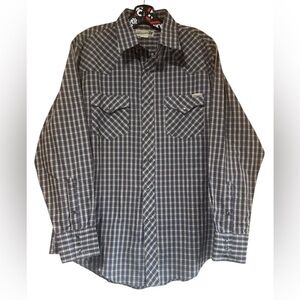 Vintage 90's Roebucks Grey Snap Western Plaid Shirt Large EUC